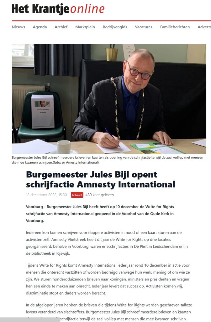 Burgemeester Jules Bijl Write for Rights